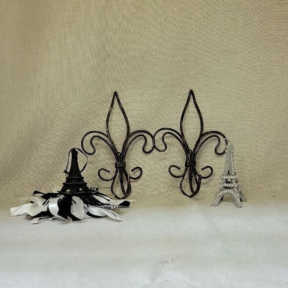 Black Metal Fleur-de-Lis Wall Decor Hooks, 2 Paris Eiffel Tower Ornaments - Picture 1 of 7